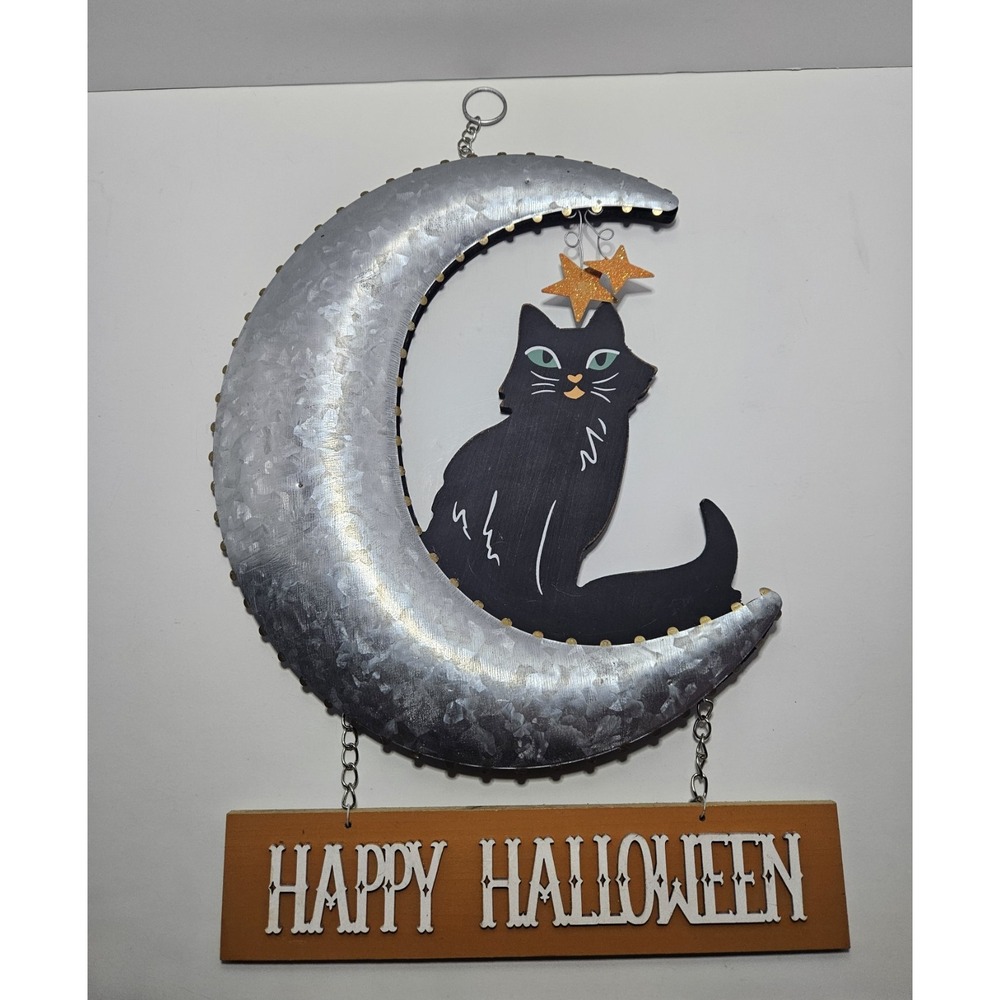 Halloween Black Cat Crescent Moon Wall Hanging Decoration Happy Halloween Vtg